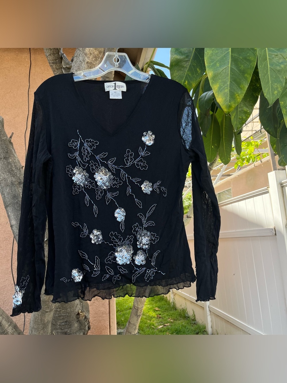 Vintage Y2K Once1Again Black Beaded Sheer Lined Long Sleeve Top & Lettuce Hem